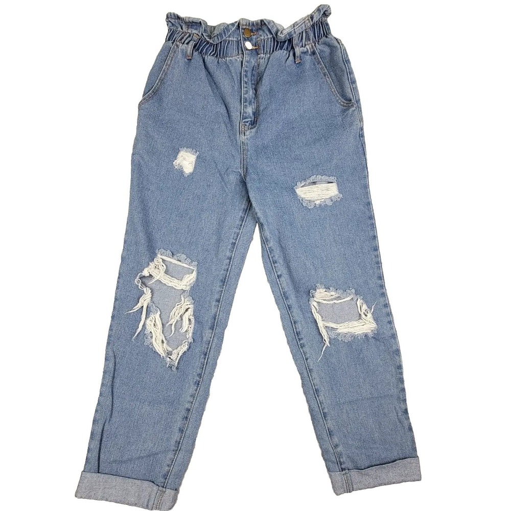 Forever‎ 21 Paperbag Style Distressed Elastic Waist Blue Jeans